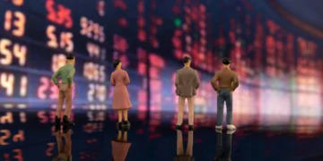 miniatur dengan latar depan statistik pasar saham, mengilustrasikan para investor menganalisis SUPA IPO